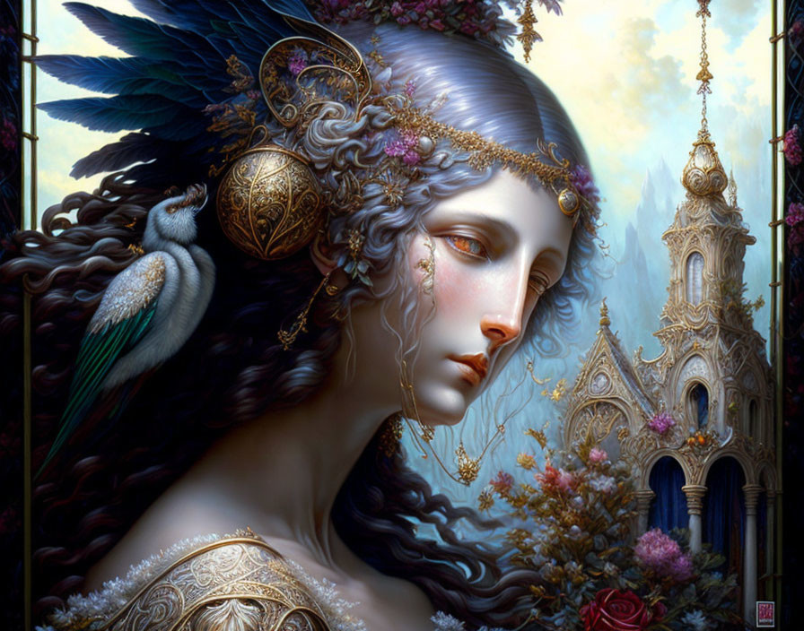 Fantasy artwork: Woman with angelic wings, peacock, gothic architecture.