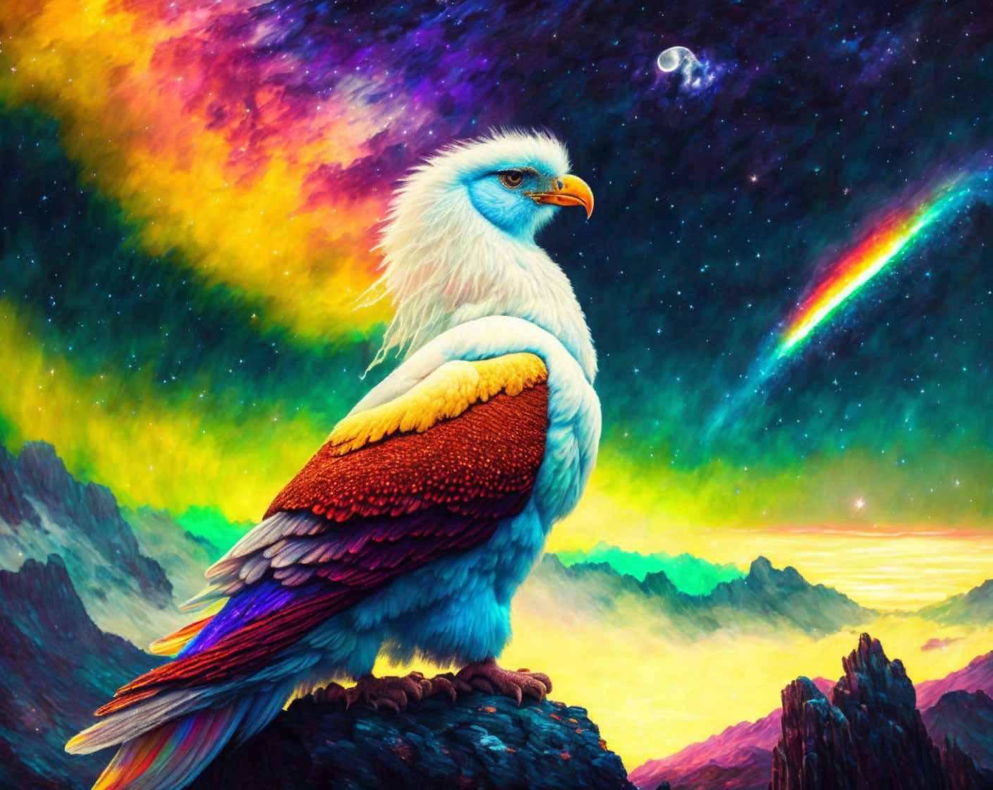 Colorful Mythical Eagle in Cosmic Sky with Mountains & Rainbow