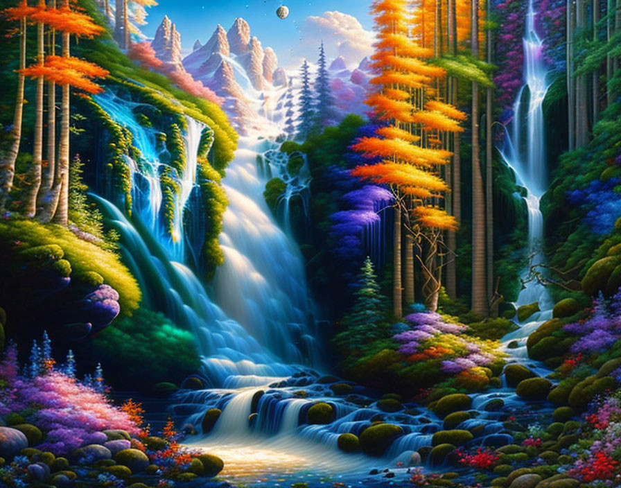 Colorful Fantasy Landscape with Waterfalls, Trees, Flowers, Mountains, and Moon