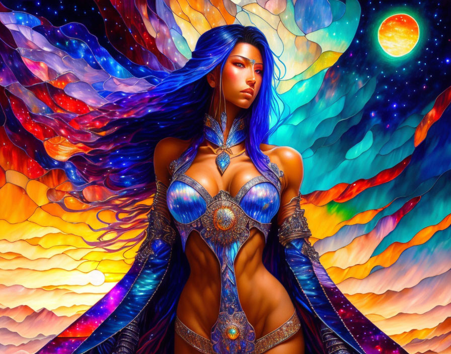 Fantasy artwork of a blue-skinned woman in ornate armor amid cosmic elements