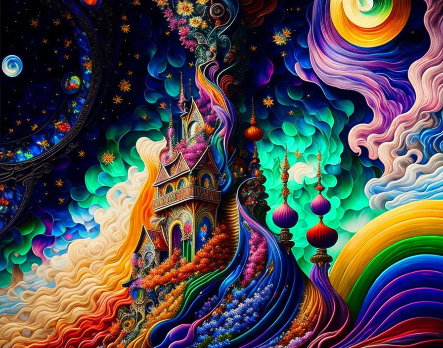 Colorful Psychedelic Castle Amid Swirling Patterns