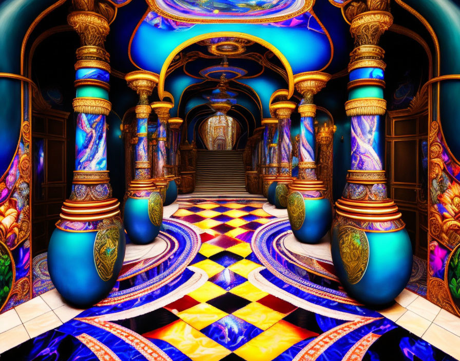 Fantasy palace interior with blue and gold tones, ornate columns, grand staircase