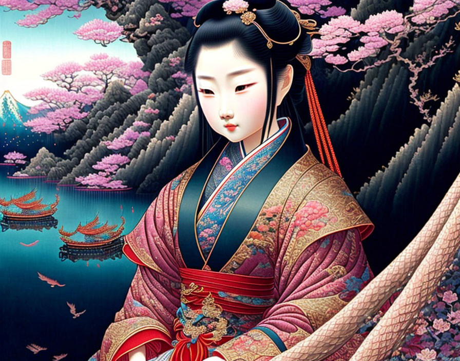 Traditional Asian Attire Woman with Cherry Blossoms, Mountains, Boats