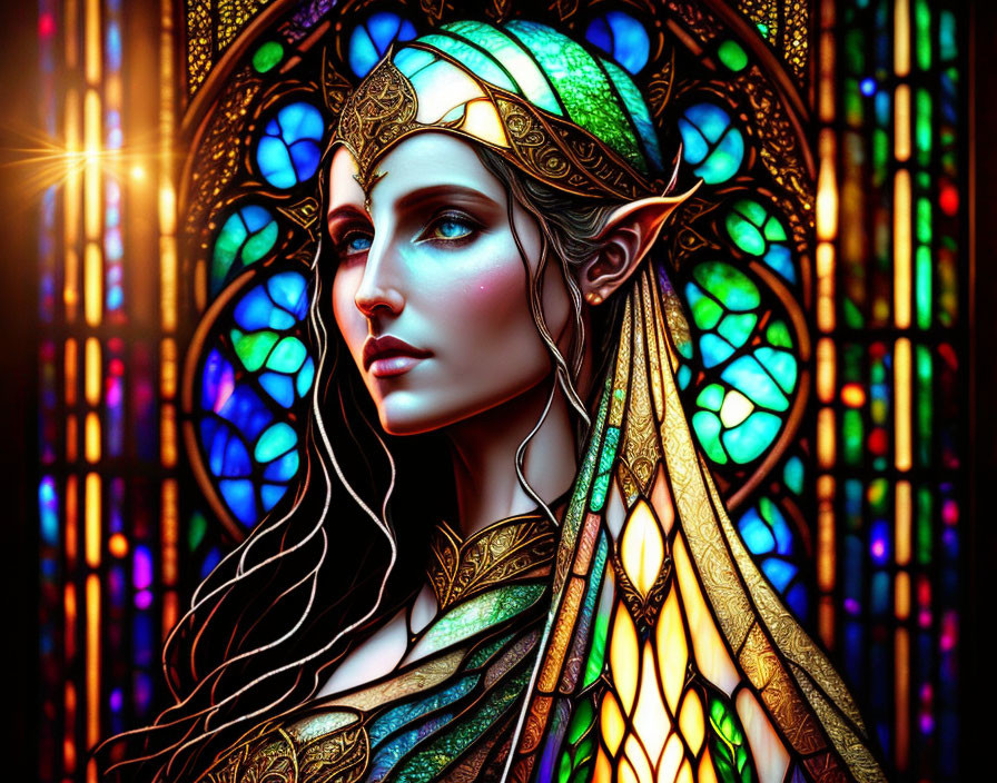 Pointy-eared elf in ornate headgear and cloak near vibrant stained glass window.