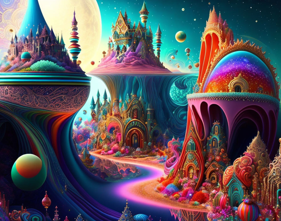 Colorful Alien Architecture & Floating Islands in Vibrant Fantasy Landscape