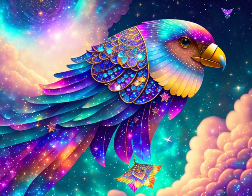 Colorful Stylized Bird Illustration with Cosmic Background