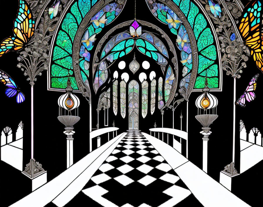 Detailed Black and White Gothic Cathedral Interior with Stained Glass Windows