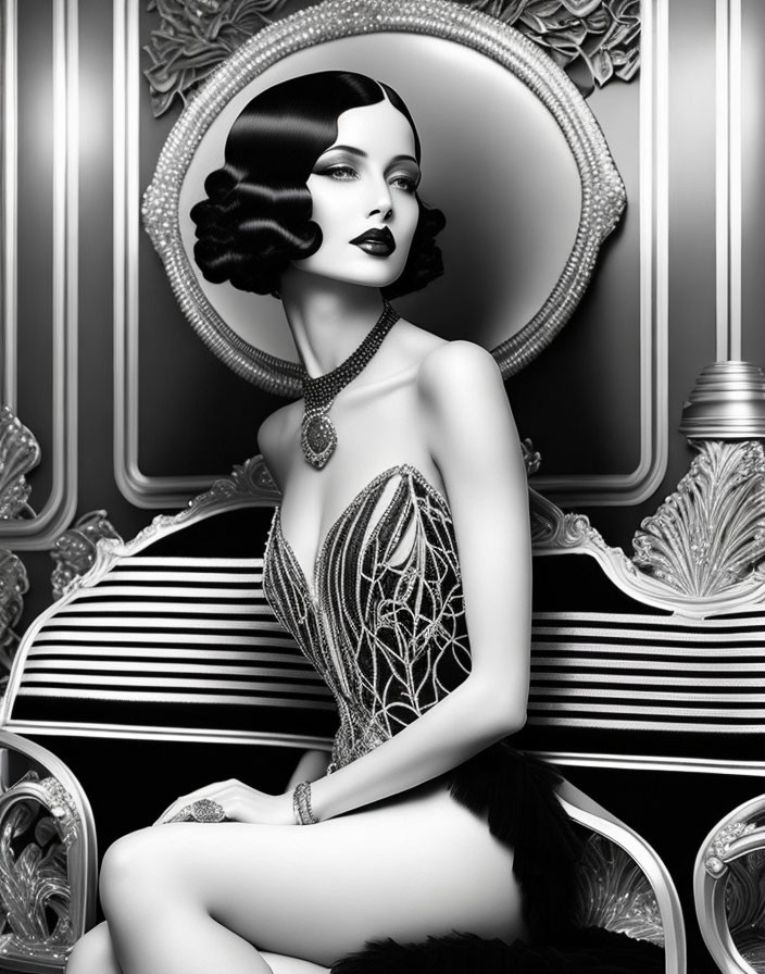 Vintage-style woman in monochrome dress with ornate mirror & decor.