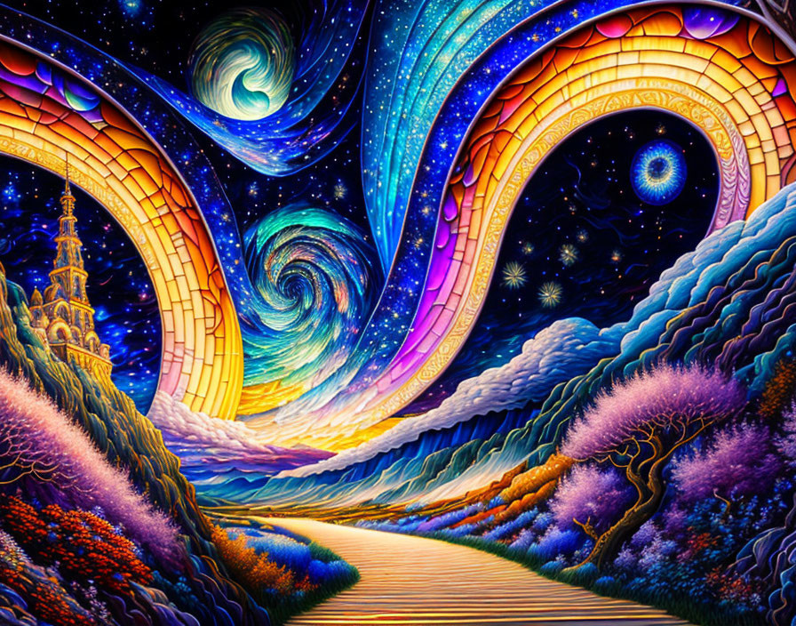 Surreal landscape with winding pathways and starry skies