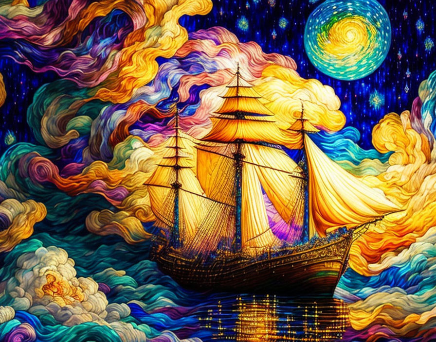 Colorful sailing ship painting on starry sea with bright moon