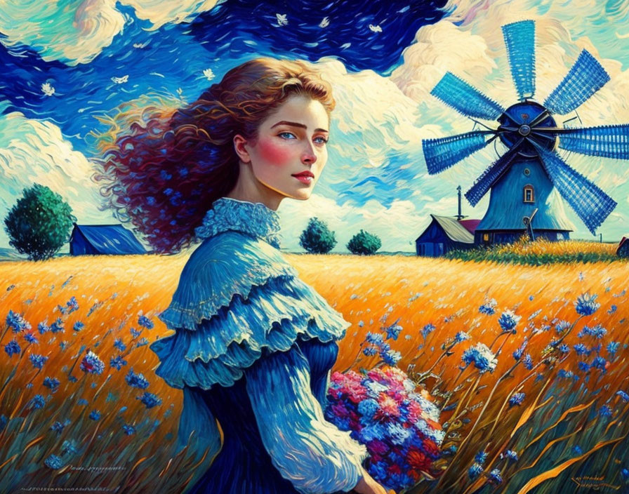 Vintage attire woman in vibrant field with windmill under swirling blue sky