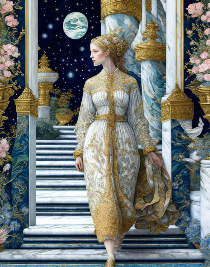 Elaborate gold and white dress woman on marbled stairs at night