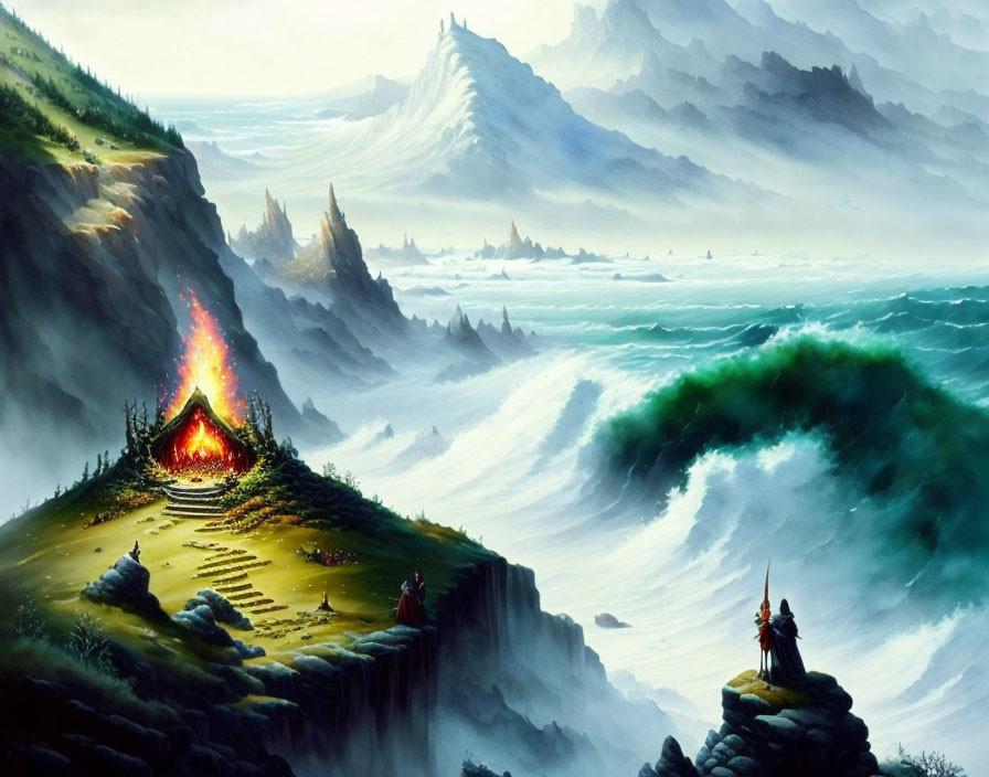 Fantasy landscape with roaring sea, volcano eruption, and distant mountains