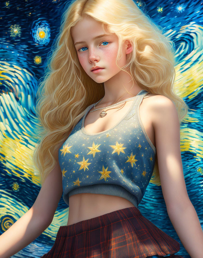 Blonde woman in starry outfit against Van Gogh backdrop