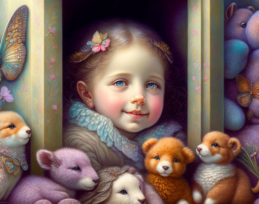 Colorful painting of smiling child with rosy cheeks and fantastical creatures