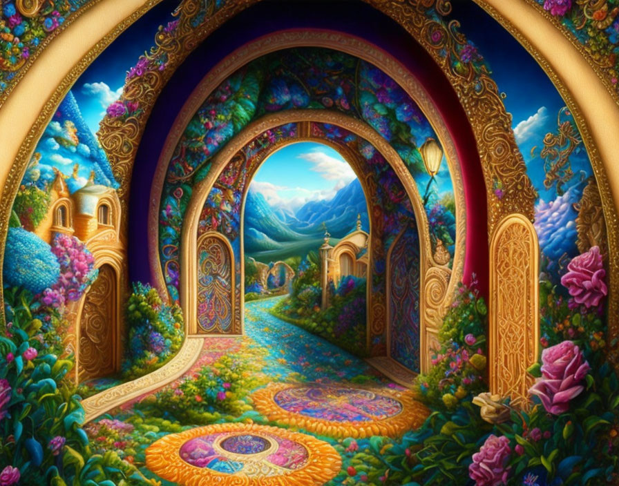 Fantasy landscape with golden-framed archway, flowers, mountains, and castle