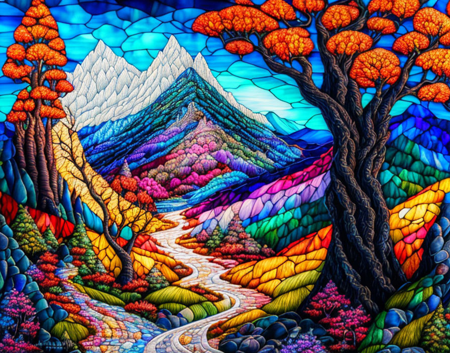 Colorful Stained-Glass Style Artwork of Autumn Landscape