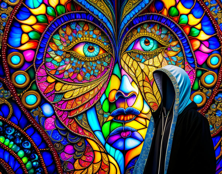 Abstract face and cloaked figure in vibrant artwork