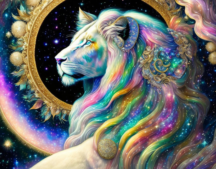 Colorful Cosmic Lion Illustration with Rainbow Mane on Starry Background