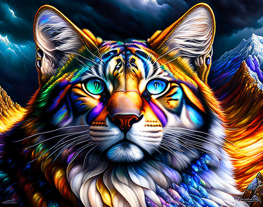 Colorful Tiger Face Artwork with Blue Eyes and Stormy Sky Background