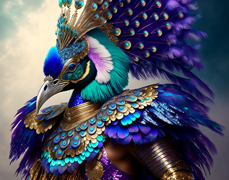 Person with Peacock Features in Vibrant Headpiece and Iridescent Feathers