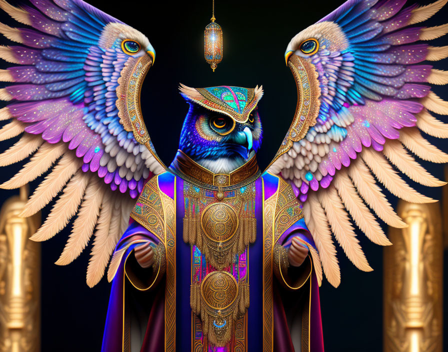 Regal anthropomorphic owl in golden armor with stylized wings