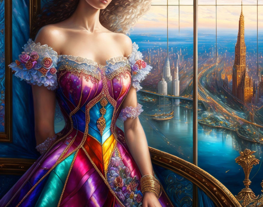 Colorful gown woman overlooking fantasy cityscape with river