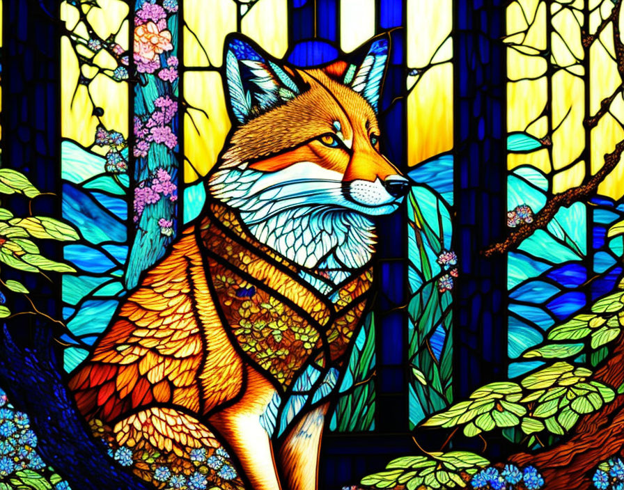 Colorful Fox Stained Glass Illustration with Forest and Sky