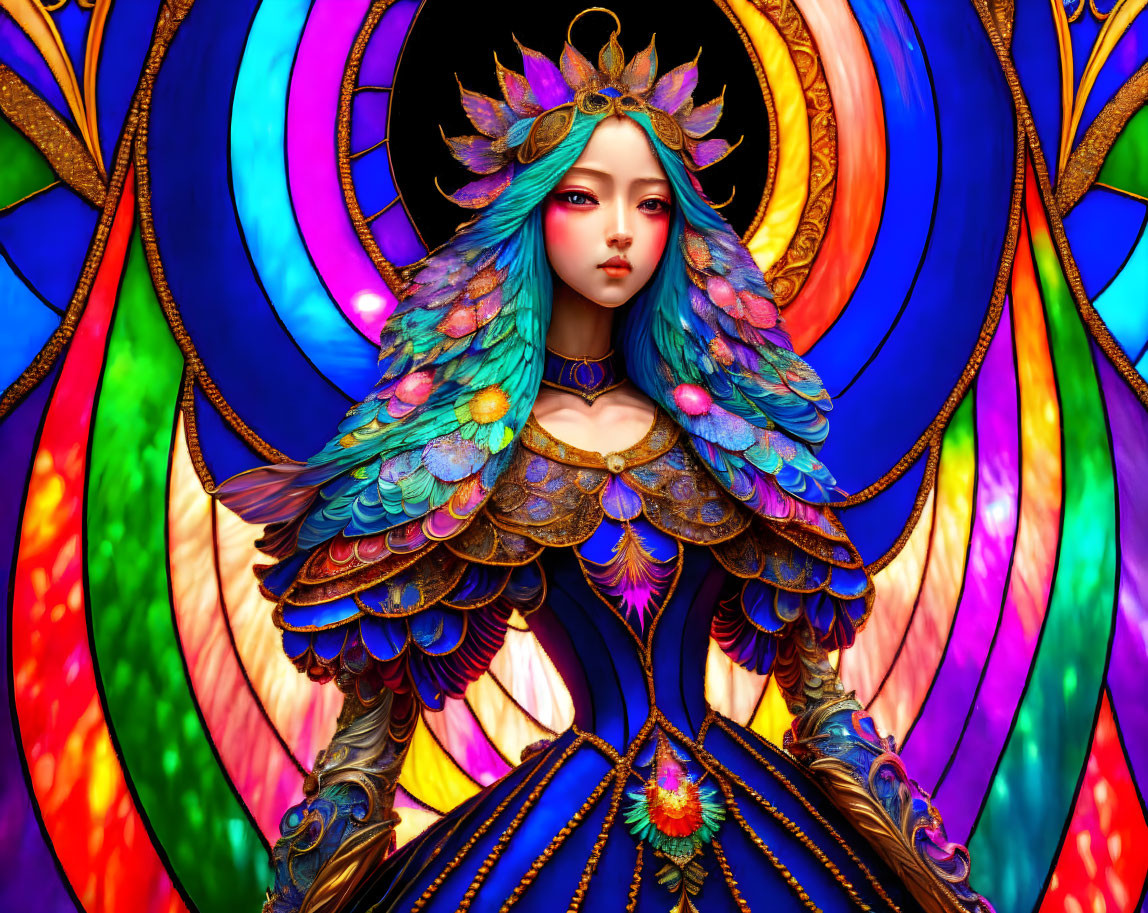 Colorful digital artwork: Woman with bird-like features in feathered gown