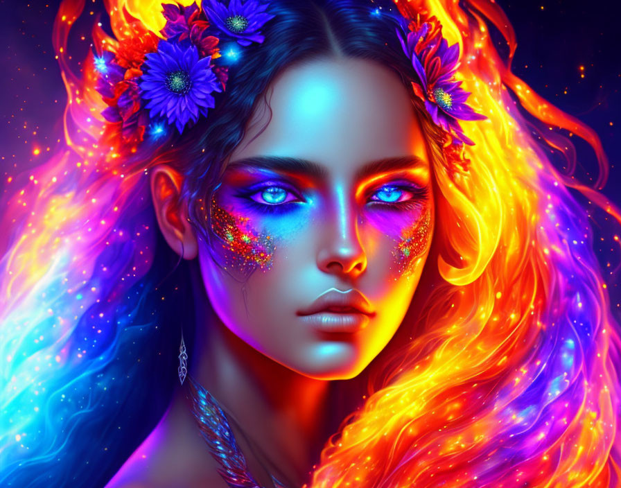 Colorful digital portrait of a woman with multicolored hair and blue eyes, adorned with glitter and