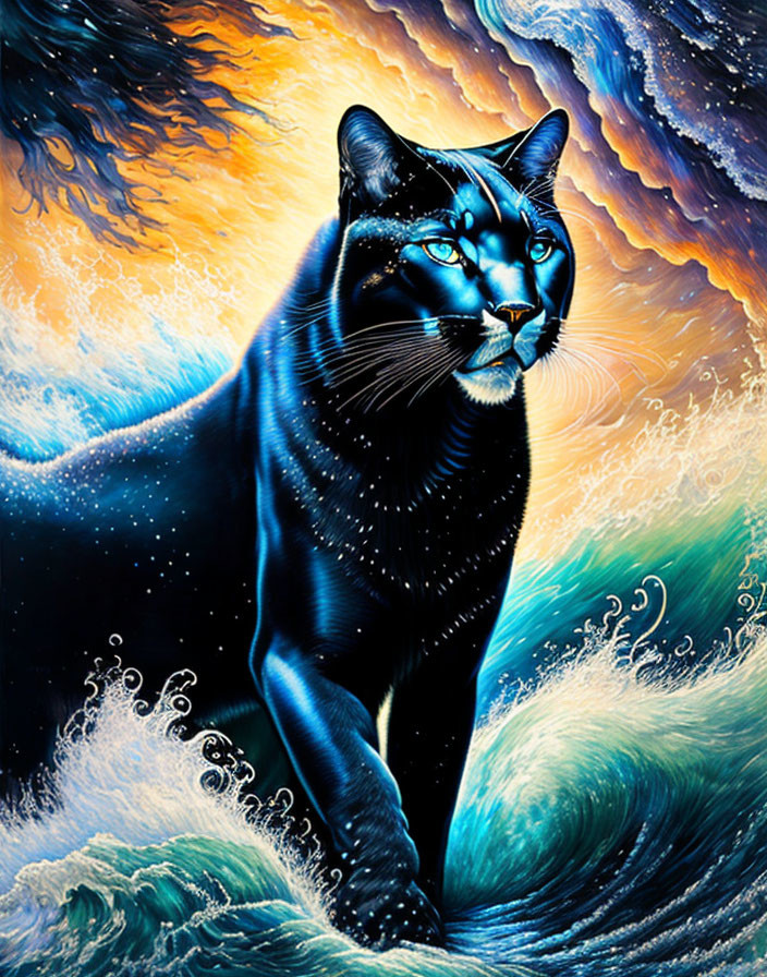 Majestic black panther in vibrant blue and orange setting