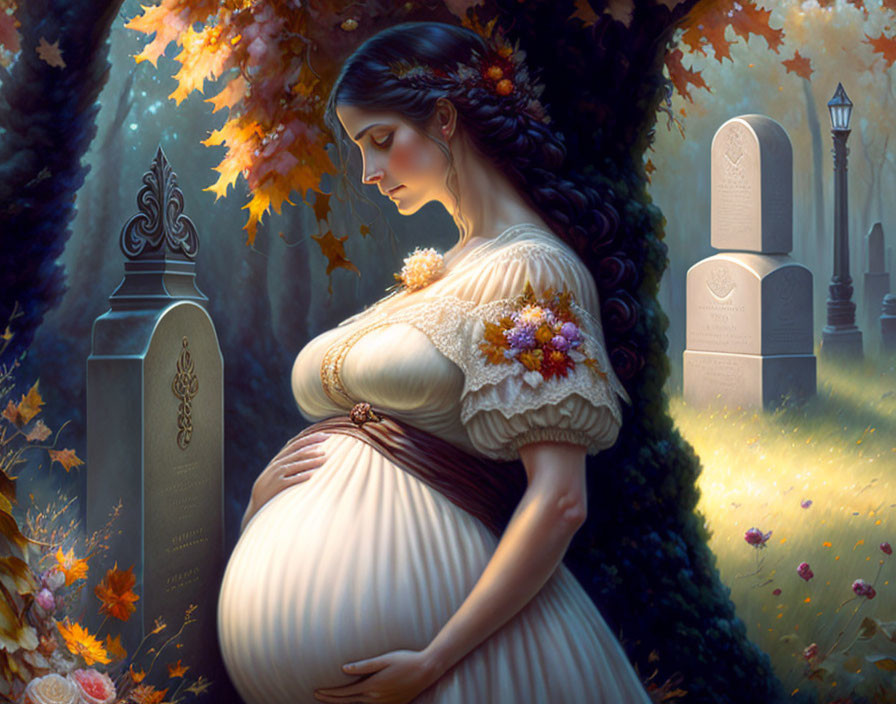 Pregnant Woman in White Dress with Flowers by Tree and Grave Markers