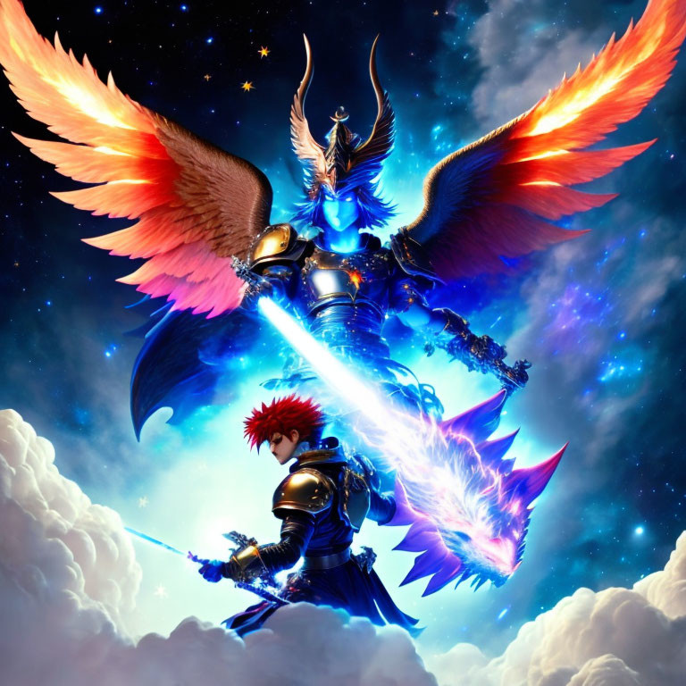 Fantastical warrior with fiery wings and radiant sword faces knight in cosmic scene