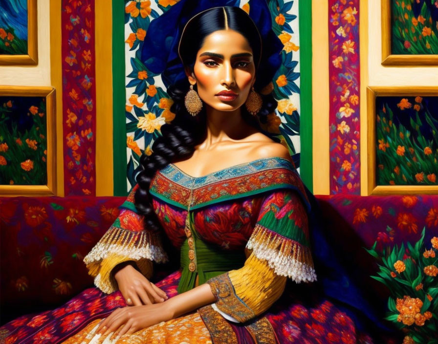 Traditional Attire Woman with Long Braid and Colorful Backdrop