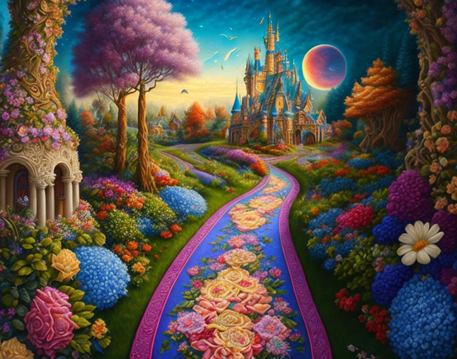 Fantasy landscape with floral path, enchanted castle, colorful sky, and lush scenery