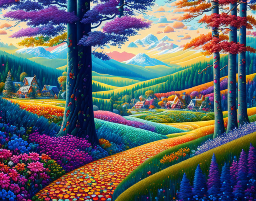 Colorful landscape with vibrant trees, flowering fields, hills, and a cottage