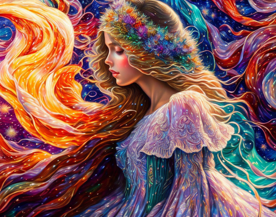 Colorful artwork of woman with fiery hair and cosmic background