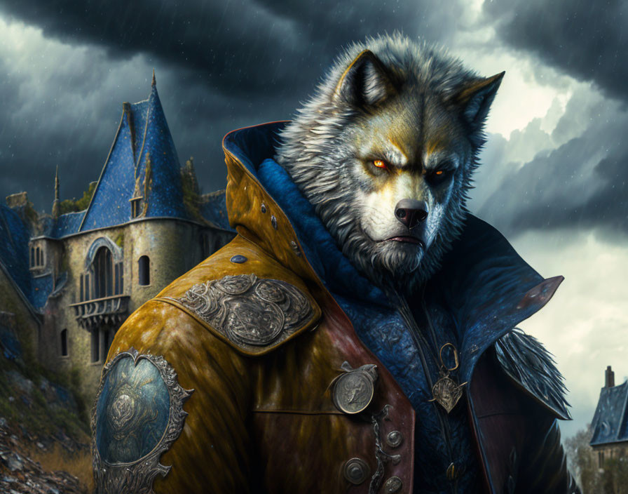 Anthropomorphic wolf in medieval armor before stormy castle.