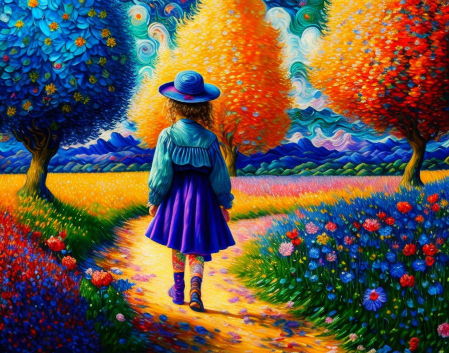 Vibrant painting: girl on path in colorful, swirling landscape