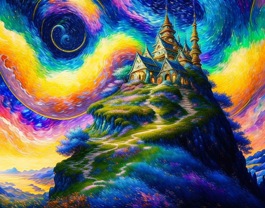 Colorful painting of whimsical castle on hill with starry skies and vibrant foliage