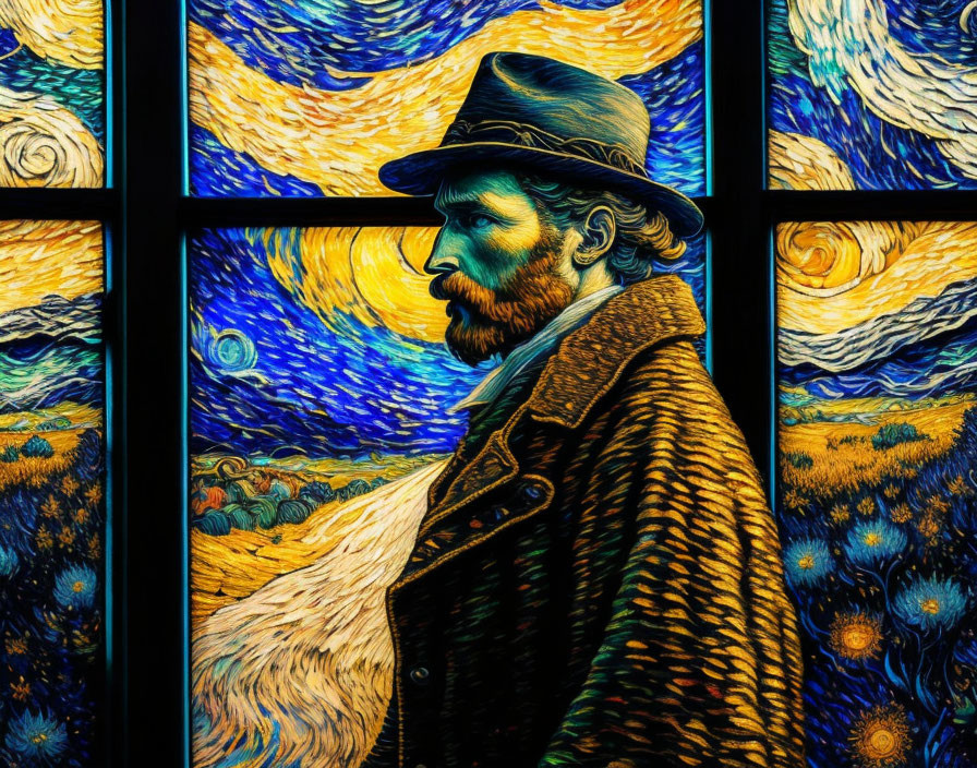 Bearded man portrait in hat on Van Gogh-style starry night background