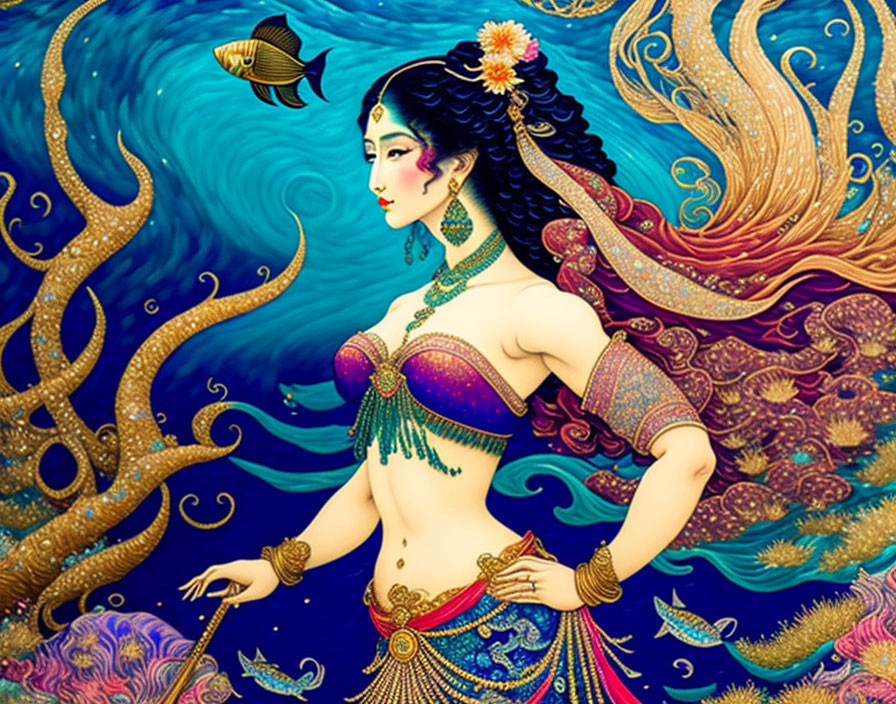 Stylized sea goddess artwork with ornate attire and underwater motifs