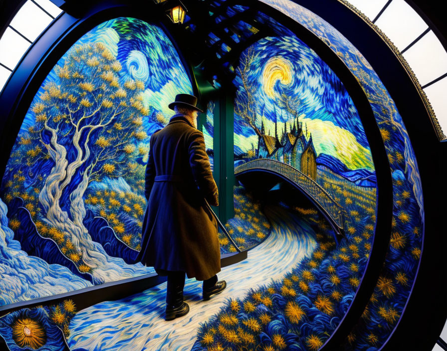 Person in coat views swirling pattern art installation reminiscent of "Starry Night