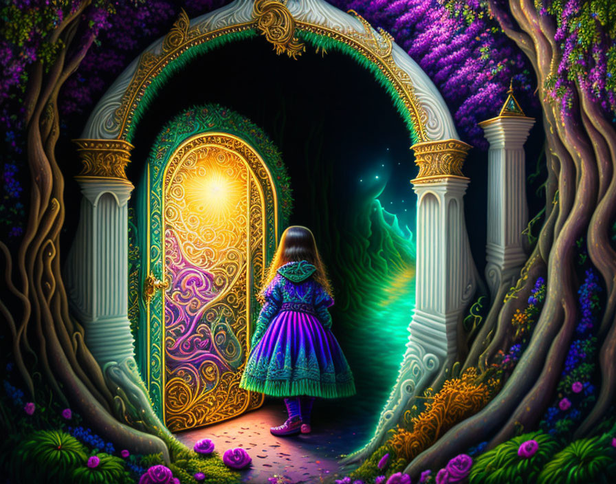 Young girl in enchanted garden with illuminated door and starry night sky