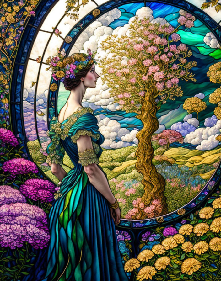 Woman in teal dress gazes at vibrant tree through stained-glass window