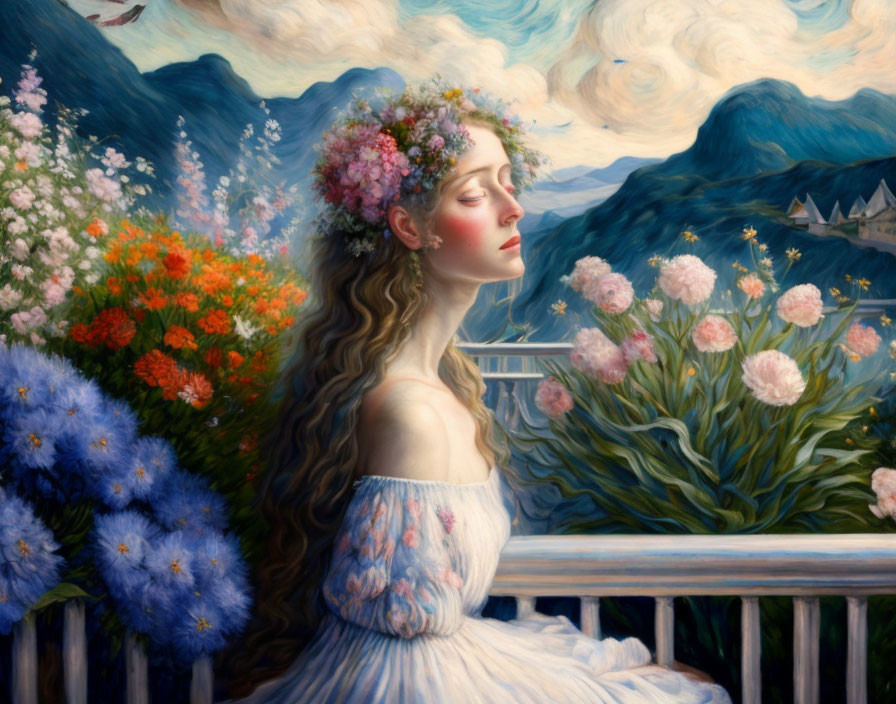 Woman with floral wreath in serene pose among vibrant flowers and mountains.