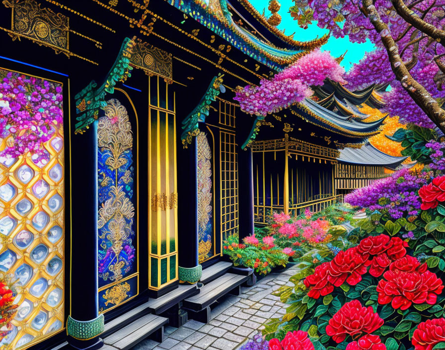 Traditional Asian building with gold details amidst colorful flowers.