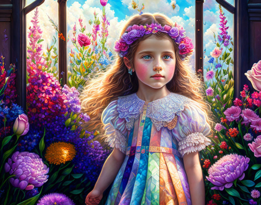 Young girl in floral crown and colorful dress surrounded by vibrant garden.