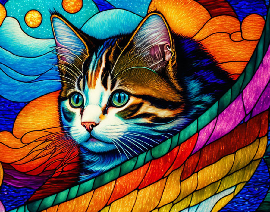 Colorful Cat Illustration with Cosmic Background and Rainbow Wings