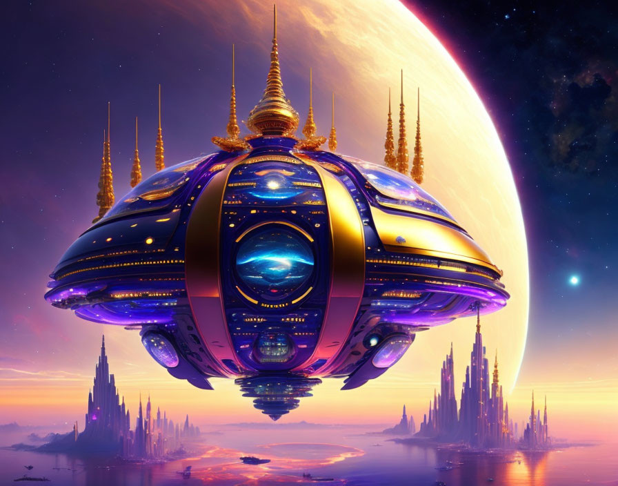 Futuristic cityscape with ornate spires under massive spaceship, vibrant alien sky.